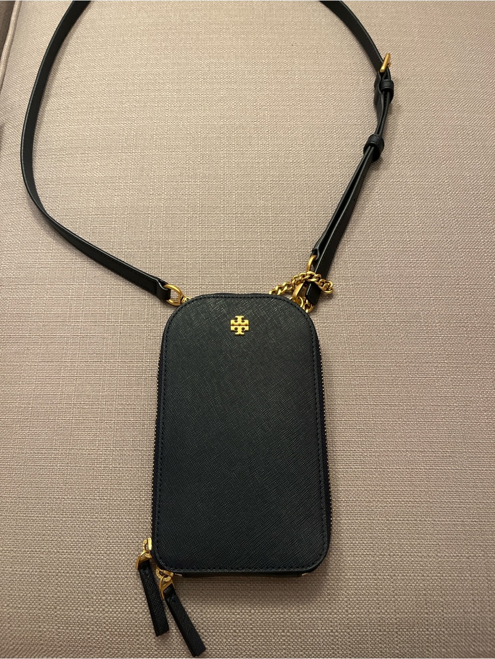 Tory Burch Black Crossbody Phone Pouch with Gold Hardware